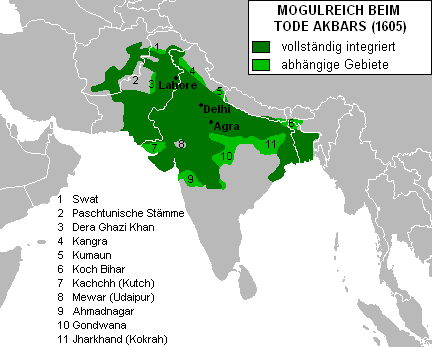Karte des Mogulreichs unter Akbar. Von Jungpionier. Quelle: Wikimedia Commons. Unverändert übernommen nach Lizenz 3.0.